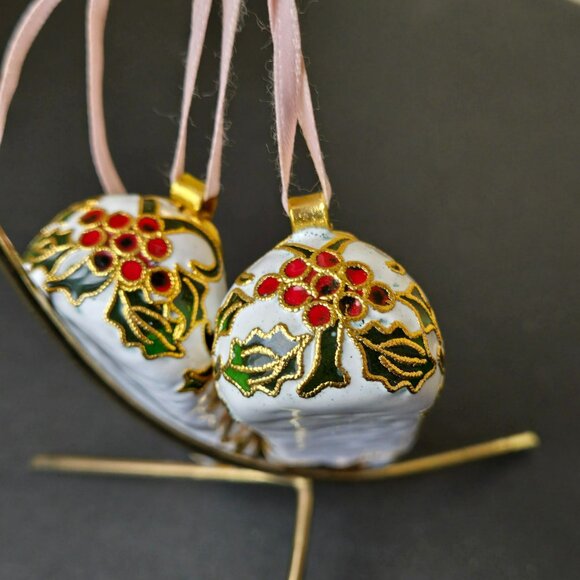 Porcelain Ballet Shoes Ornament White Gold Red Holly 4 Inch Hand Painted Holiday - Picture 3 of 8